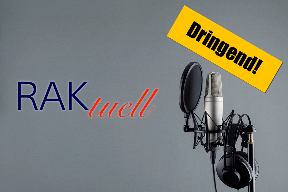 Logo RAKtuell mit Podcast-Mikrofon und Sticker "Dringend!"