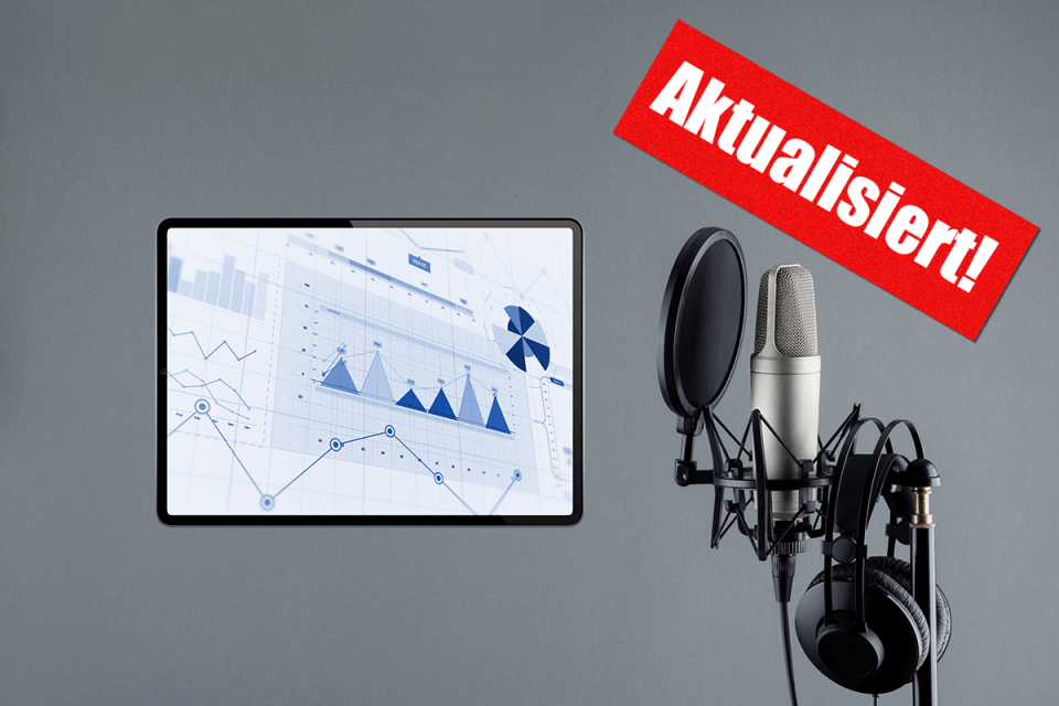 Diagramme auf Tabletbildschirm mit Podcast-Mikrofon und Sticker "Aktualisiert!"