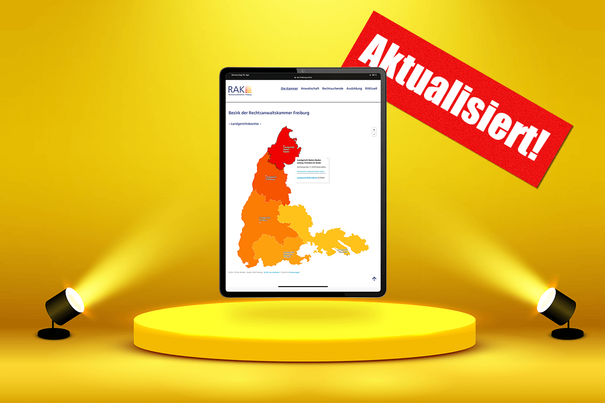 Karte des Kammerbezirks auf Tabletbildschirm auf gelber Bühne im Spotlight mit Sticker "Aktualisiert!"