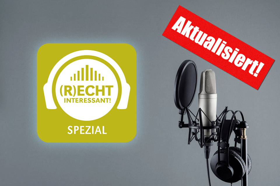 Logo (R)ECHT INTERESSANT-Podcast Spezial mit Podcast-Mikrofon und Sticker "Aktualisiert!"