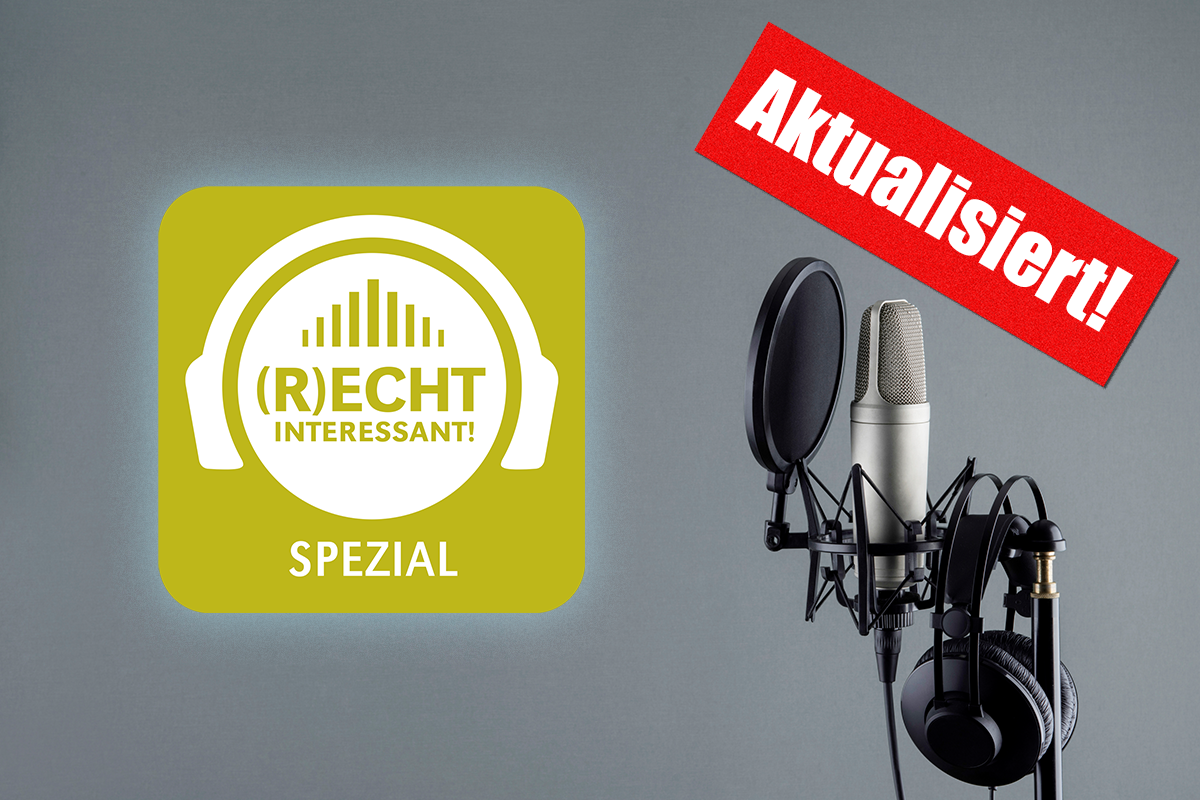Logo (R)ECHT INTERESSANT-Podcast Spezial mit Podcast-Mikrofon und Sticker "Aktualisiert!"
