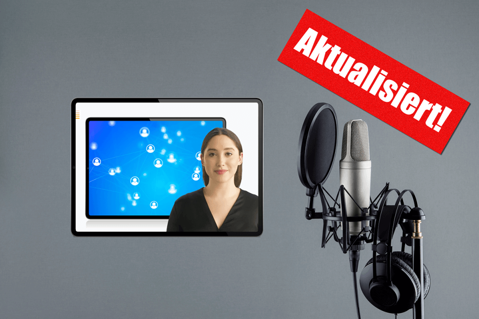 Studiomikrofon vor Bildschirm mit Sprecherin - Aufkleber Aktualisiert